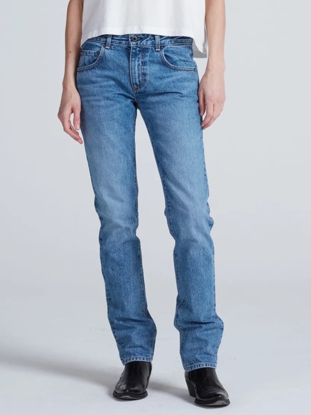 Askk NY Low Rise Slim bootcut jeans in medium blue Nolita wash Japanese denim